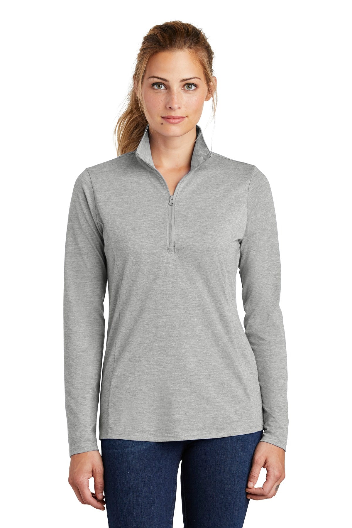 Front View of Light Grey Hth Sport-Tek Women's PosiCharge Tri-Blend Wicking 1/4-Zip Pullover. LST407 plain