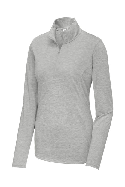 Front View of Light Grey Hth Sport-Tek Women's PosiCharge Tri-Blend Wicking 1/4-Zip Pullover. LST407 plain