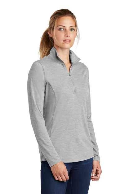 Front View of Light Grey Hth Sport-Tek Women's PosiCharge Tri-Blend Wicking 1/4-Zip Pullover. LST407 plain