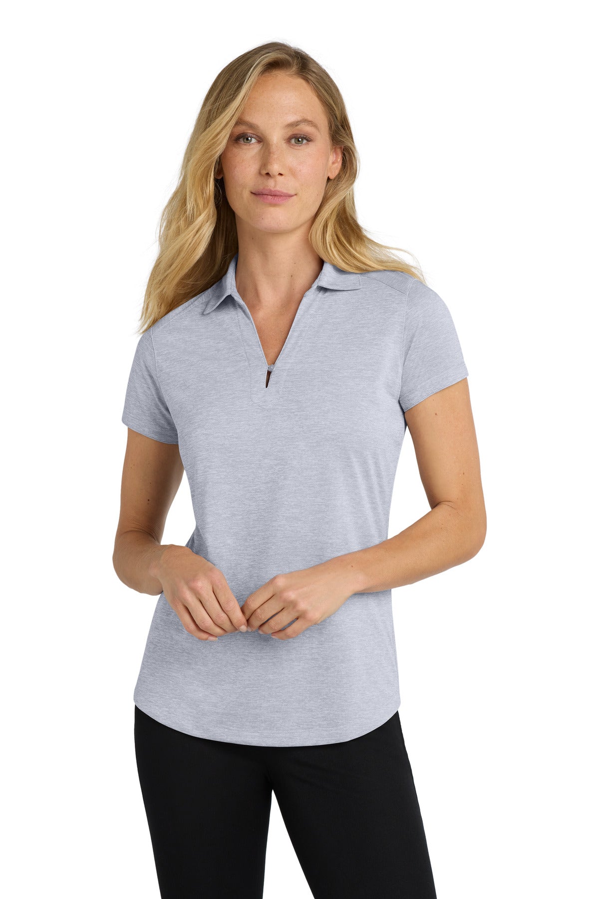 Front View of Light Grey Port Authority Women's Digi Heather Performance Polo. L574 plain