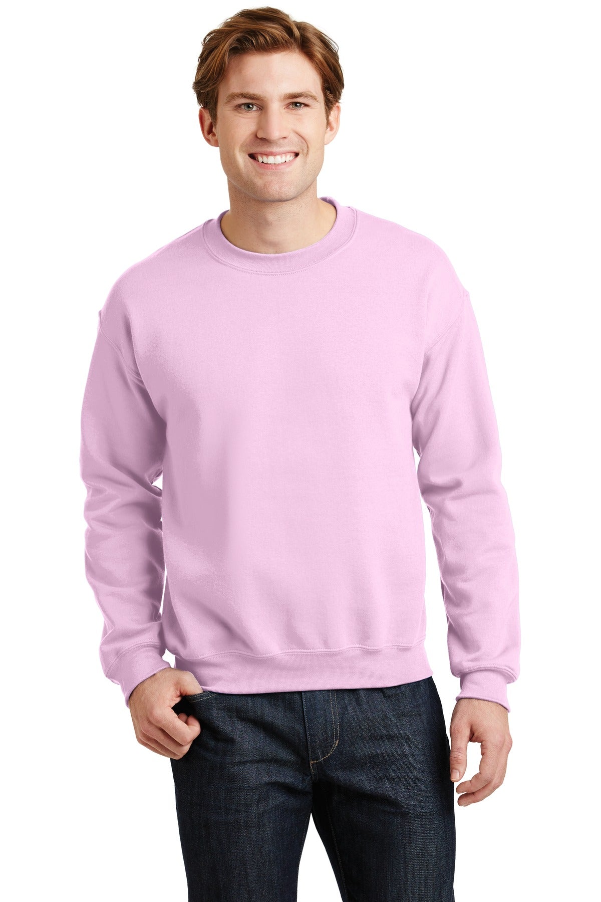 Front View of Light Pink Gildan Heavy Blend Crewneck Sweatshirt. 18000 plain