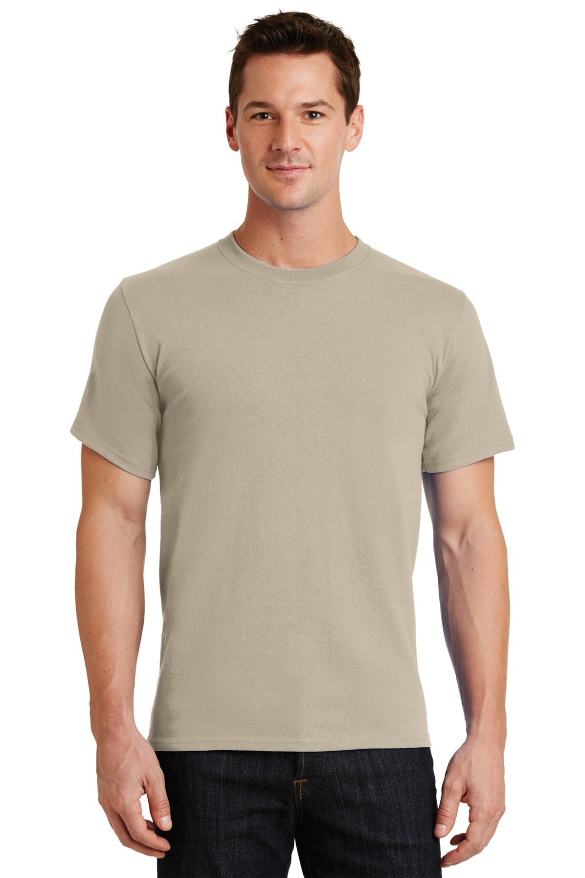 Front View of Light Sand Port & Co Essential Tee. PC61 plain