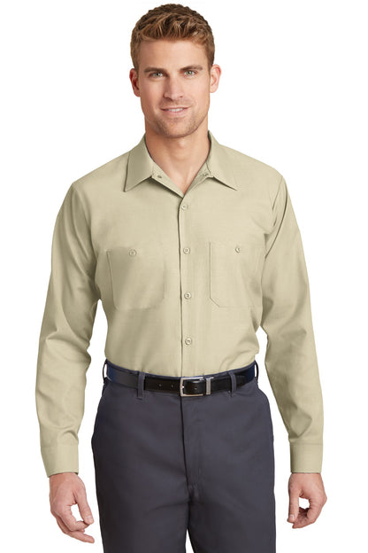 Front View of Light Tan Red Kap Long Sleeve Industrial Work Shirt. SP14 plain