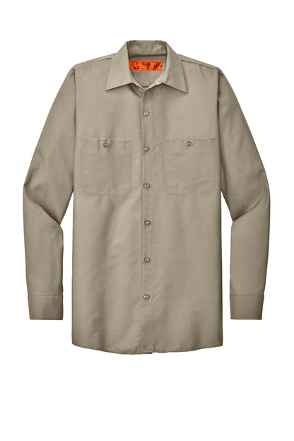 Front View of Light Tan Red Kap Long Sleeve Industrial Work Shirt. SP14 plain