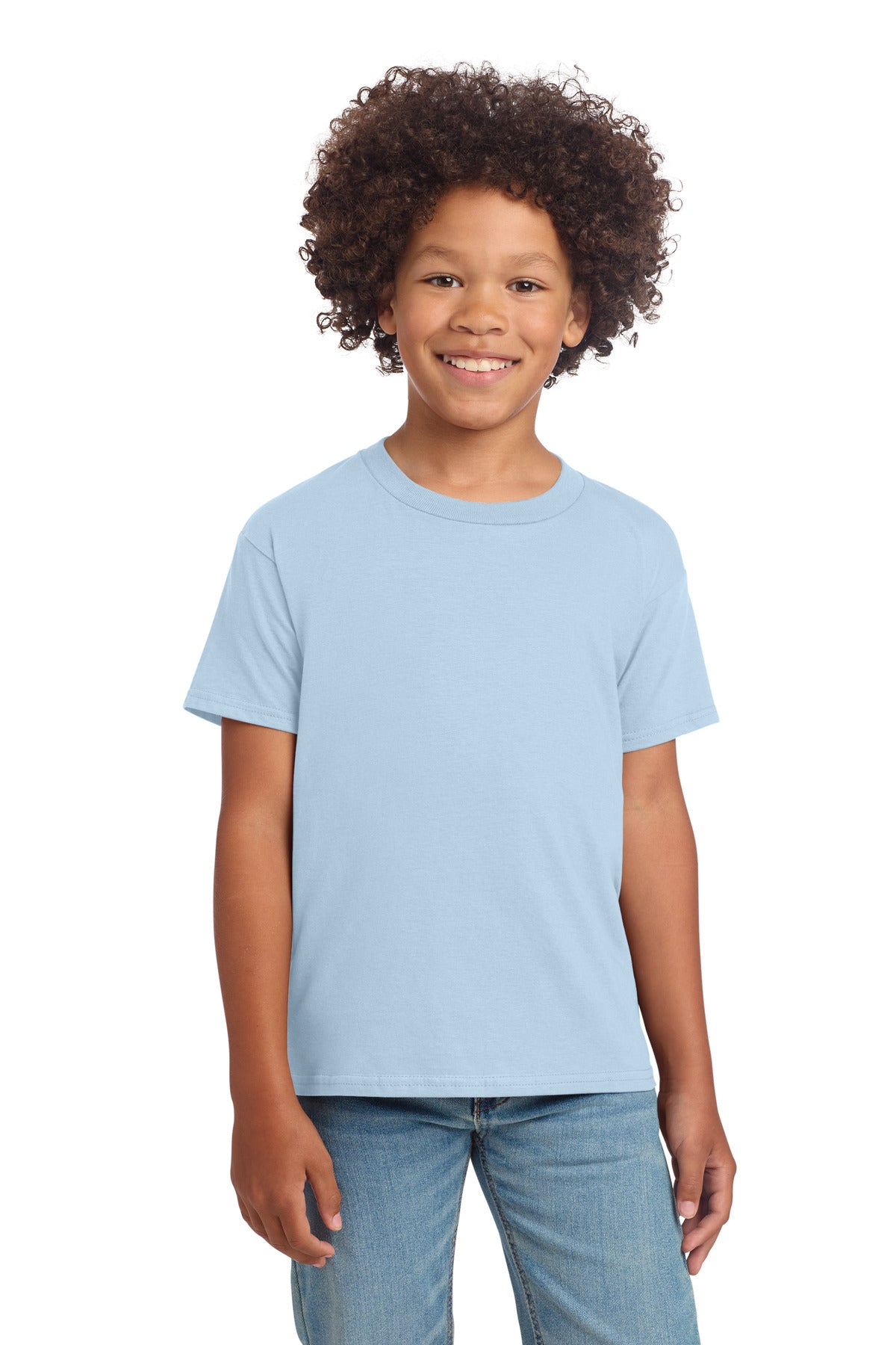 Front View of LightBlue Gildan Youth Softstyle T-Shirt 64000B plain