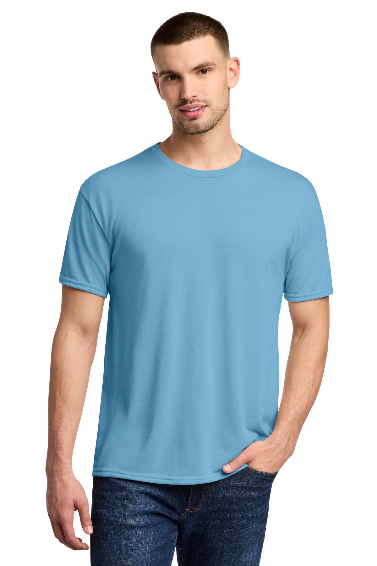 Front View of LightBlue Jerzees Dri-Power 100% Polyester T-Shirt. 21M plain