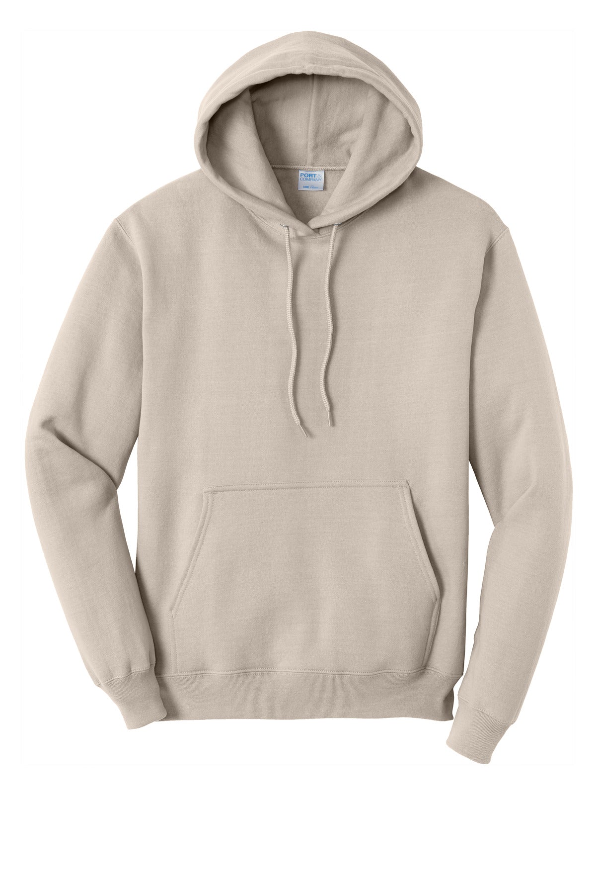 Front View of LightSand Port & Co Core Fleece Pullover Hooded Sweatshirt. PC78H plain