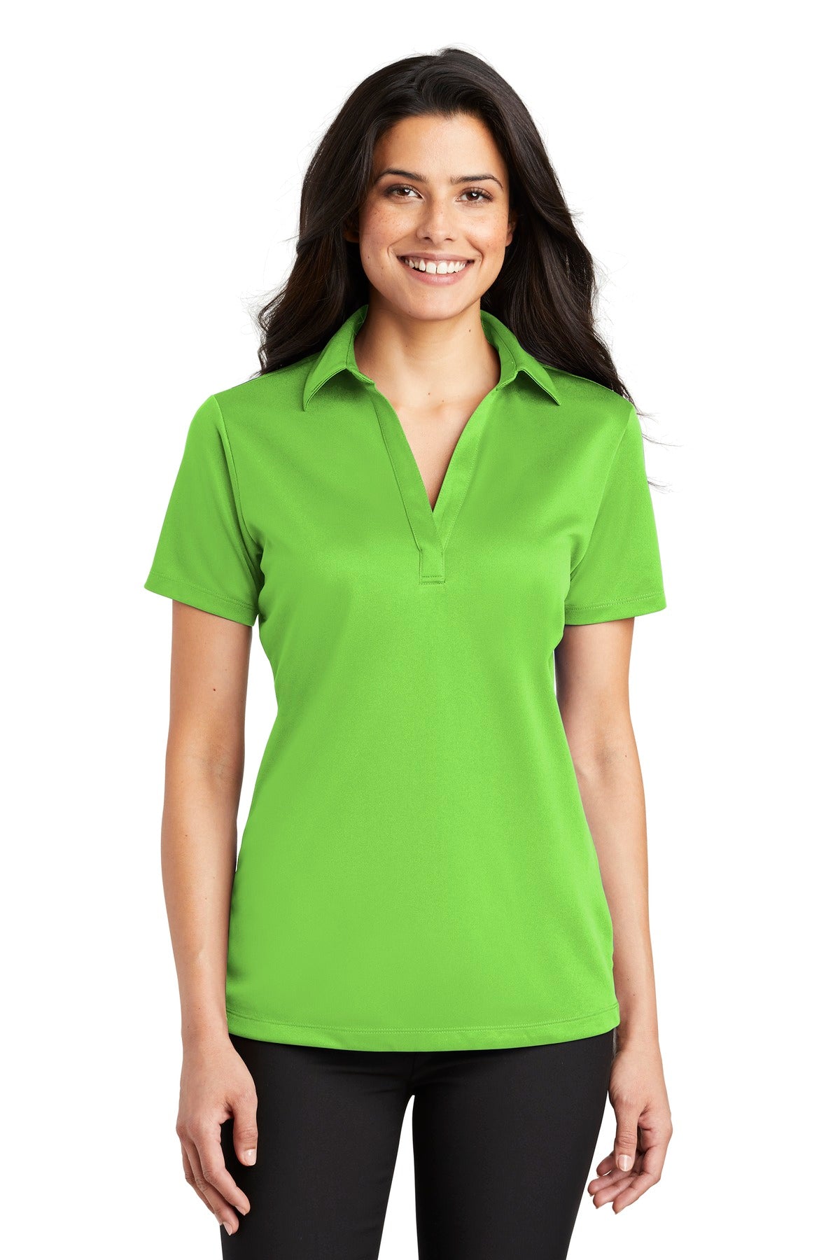 Front View of Lime Port Authority Women's Silk Touch Performance Polo. L540 plain