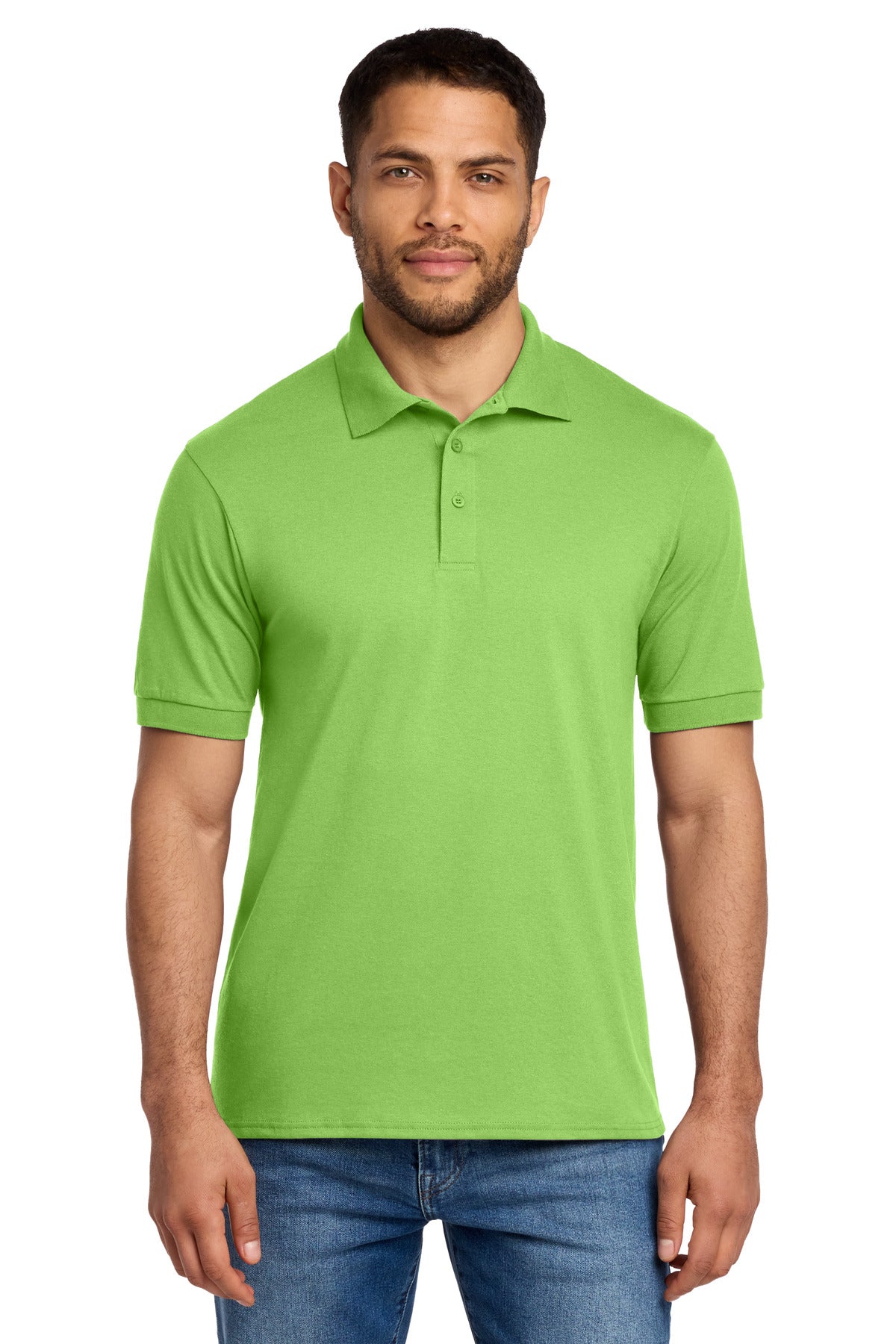 Front View of Lime Port & Co Core Blend Jersey Knit Polo. KP55 plain