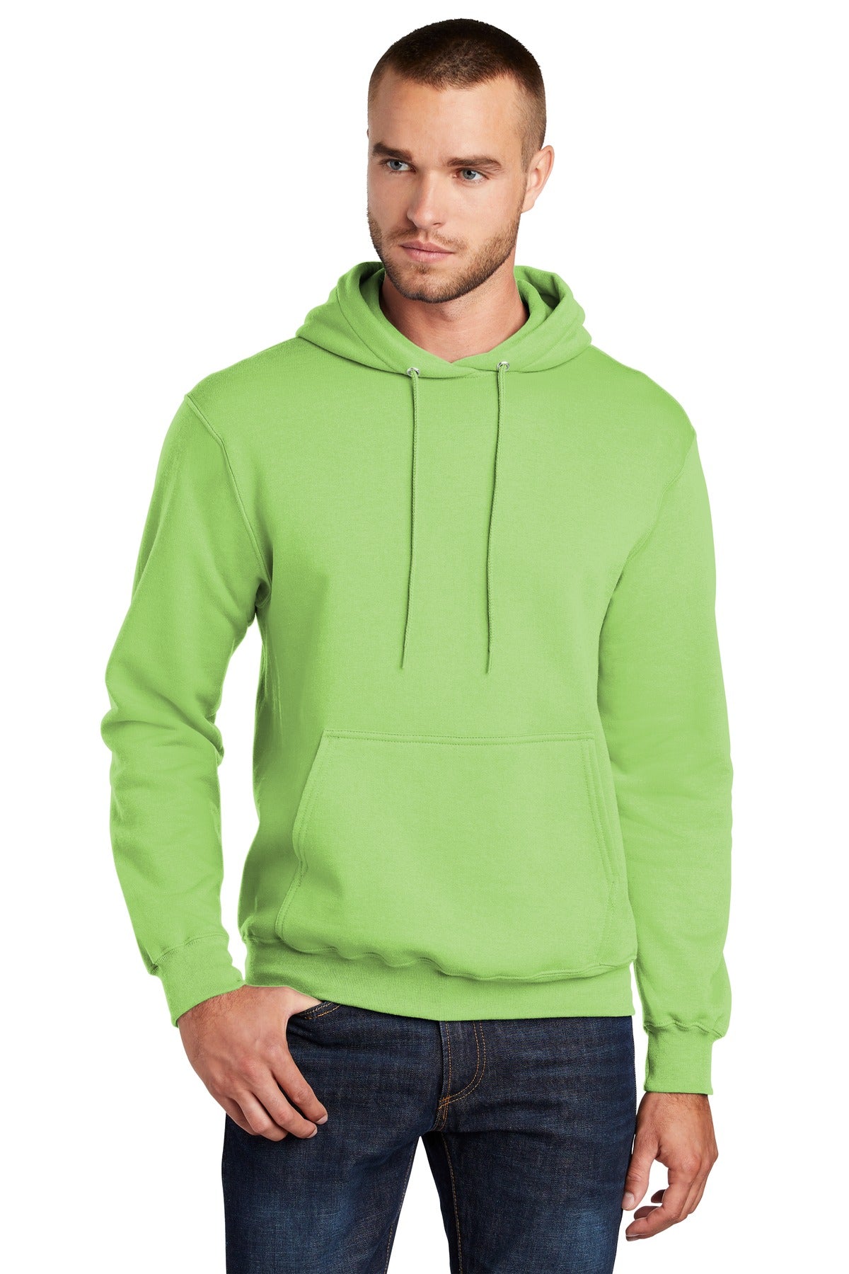 Front View of Lime Port & Co Core Fleece Pullover Hooded Sweatshirt. PC78H plain