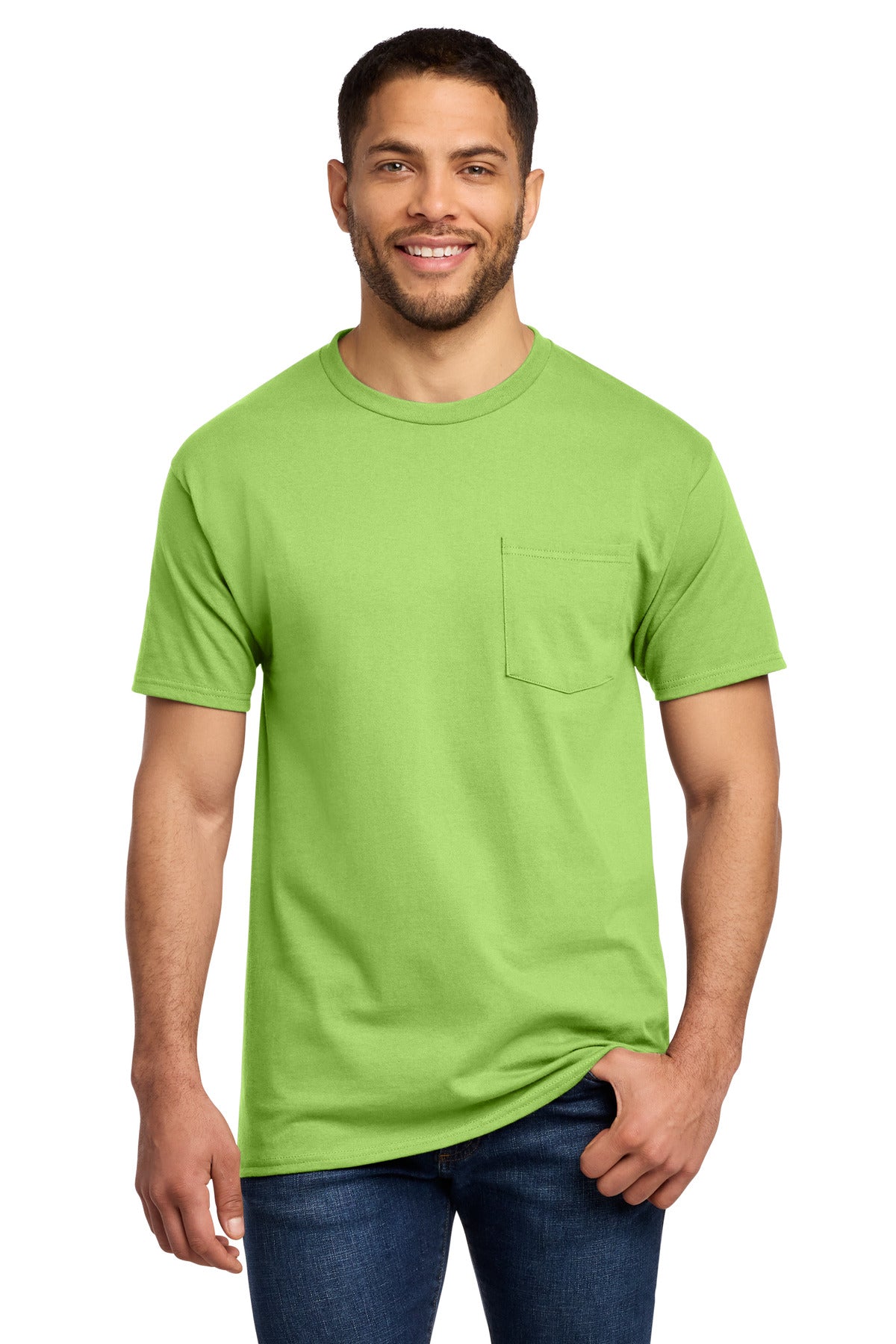 Front View of Lime Port & Co Tall Essential Pocket Tee. PC61PT plain