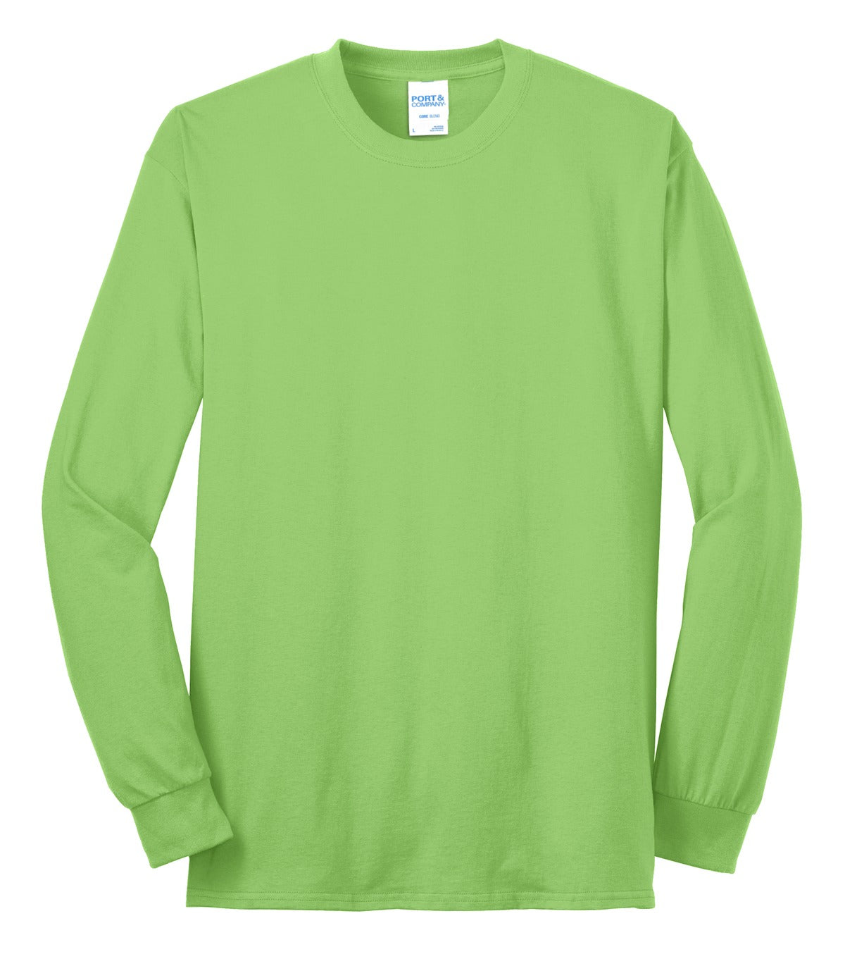Front View of Lime Port & Co Tall Long Sleeve Core Blend Tee. PC55LST plain