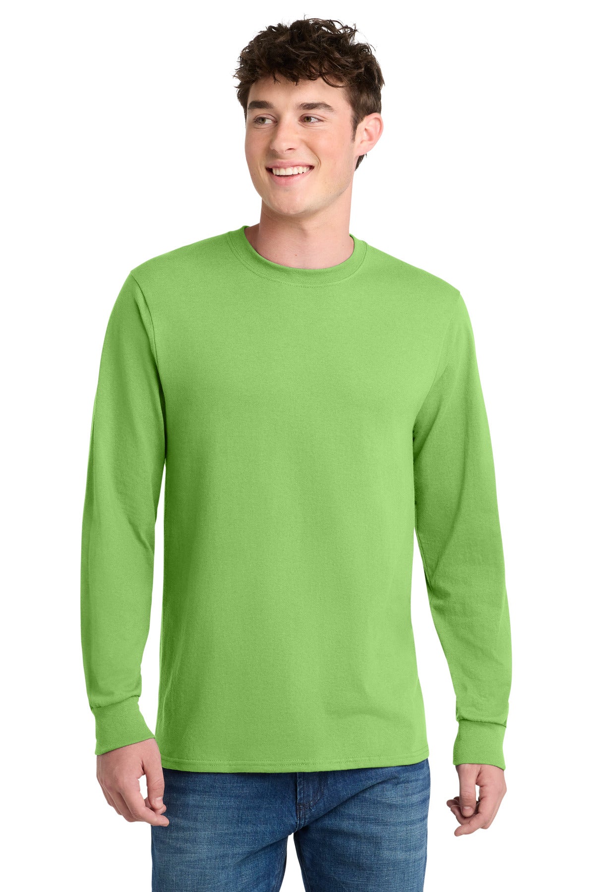 Front View of Lime Port & Co Tall Long Sleeve Core Blend Tee. PC55LST plain