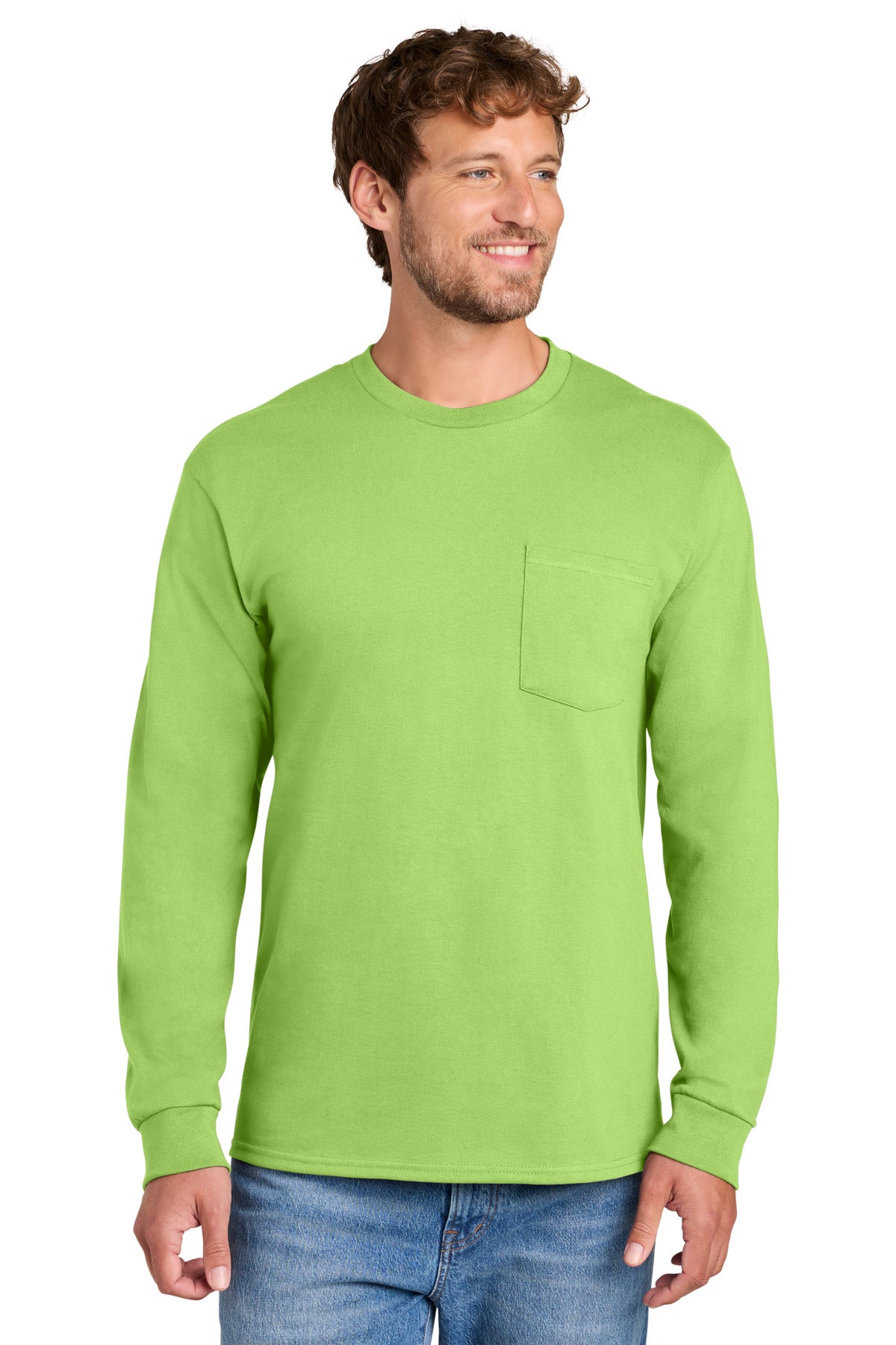 Front View of Lime Port & Co Tall Long Sleeve Essential Pocket Tee. PC61LSPT plain