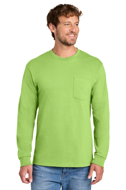 Front View of Lime Port & Co Tall Long Sleeve Essential Pocket Tee. PC61LSPT plain
