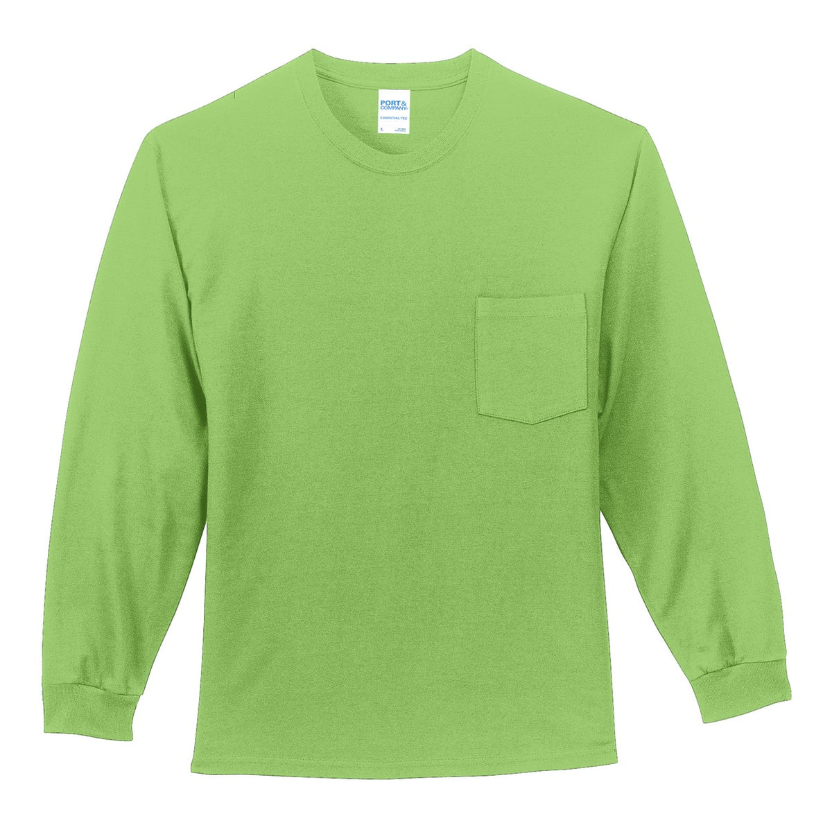 Front View of Lime Port & Co Tall Long Sleeve Essential Pocket Tee. PC61LSPT plain