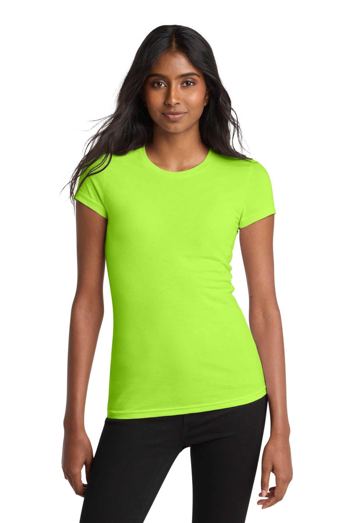 Front View of Lime Shock District Women's Fitted Very Important Tee . DT6001 plain