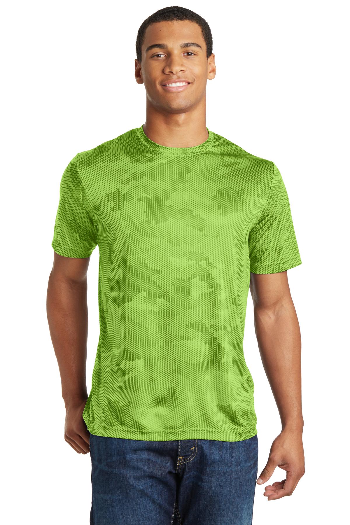 Front View of Lime Shock Sport-Tek CamoHex Tee. ST370 plain