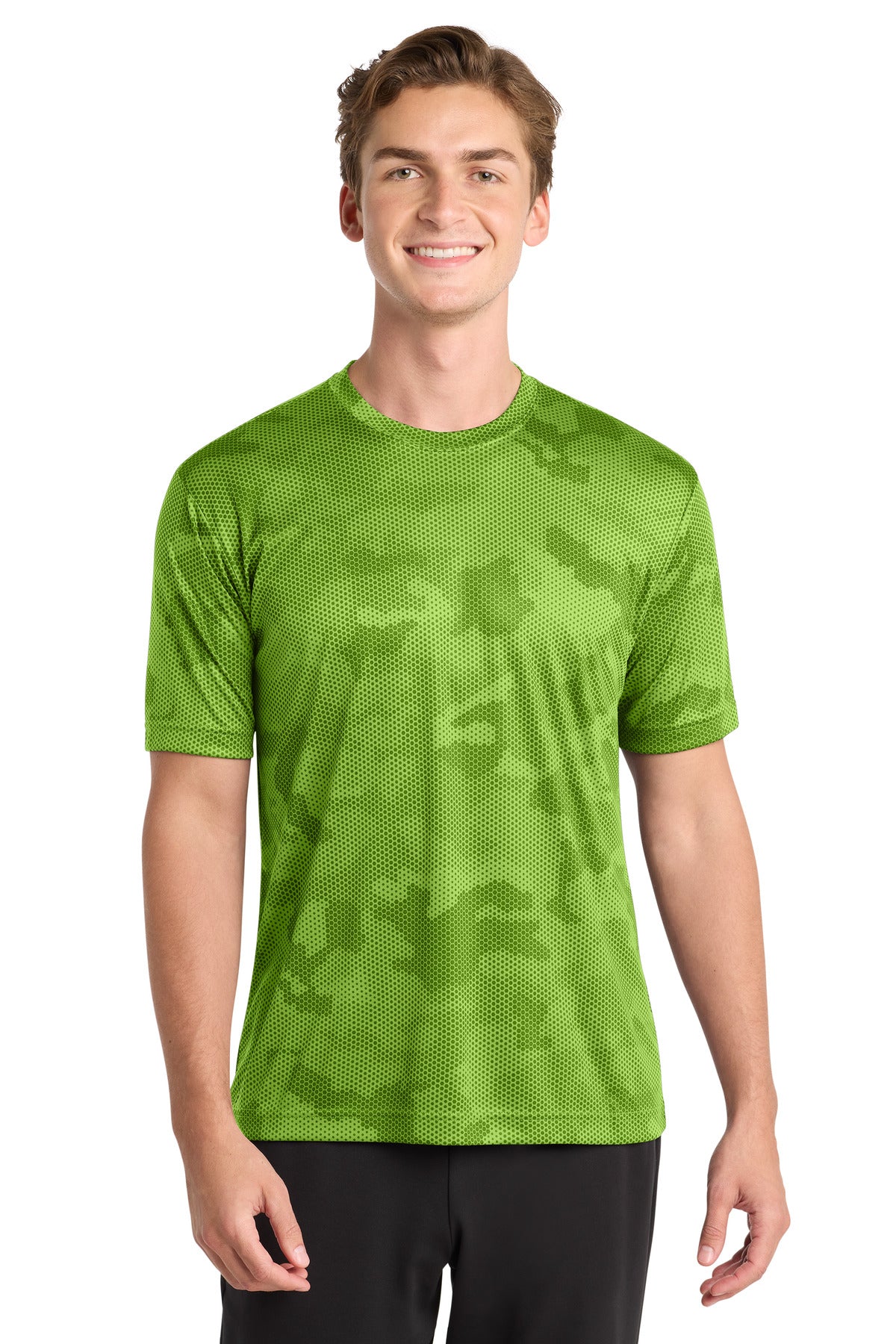 Front View of Lime Shock Sport-Tek CamoHex Tee. ST370 plain