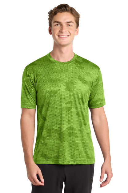 Front View of Lime Shock Sport-Tek CamoHex Tee. ST370 plain