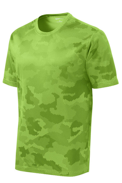 Front View of Lime Shock Sport-Tek CamoHex Tee. ST370 plain