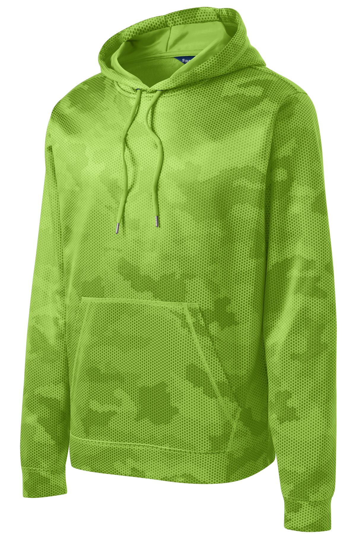 Front View of Lime Shock Sport-Tek Sport-Wick CamoHex Fleece Hooded Pullover. ST240 plain