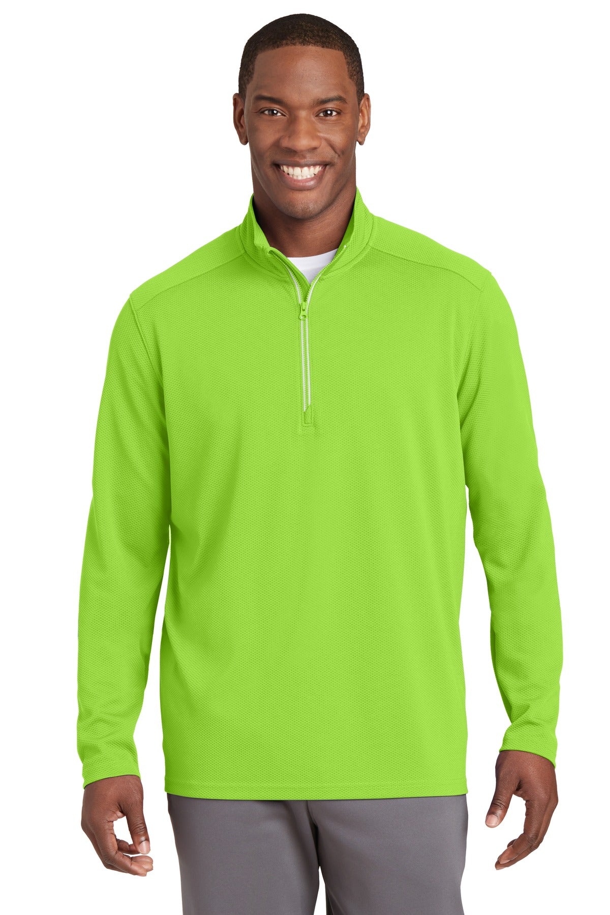 Front View of Lime Shock Sport-Tek Sport-Wick Textured 1/4-Zip Pullover. ST860 plain