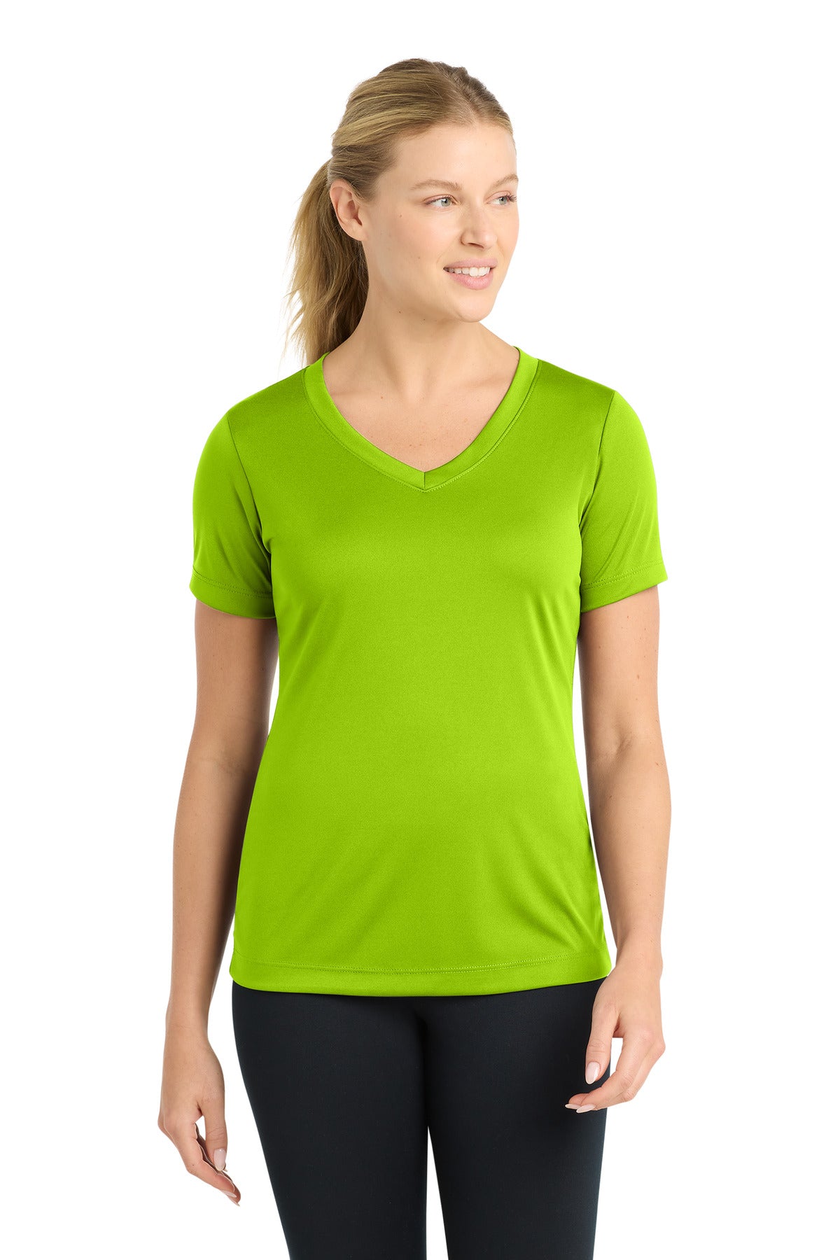 Front View of Lime Shock Sport-Tek Women's PosiCharge Competitor V-Neck Tee. LST353 plain