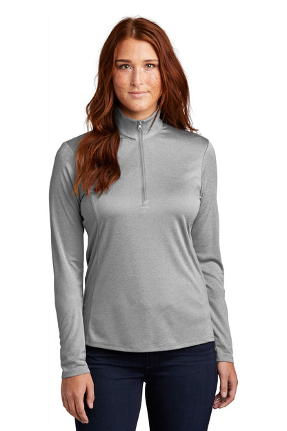 Front View of Lt Grey Hthr Sport-Tek Women's Endeavor 1/2-Zip Pullover. LST469 plain