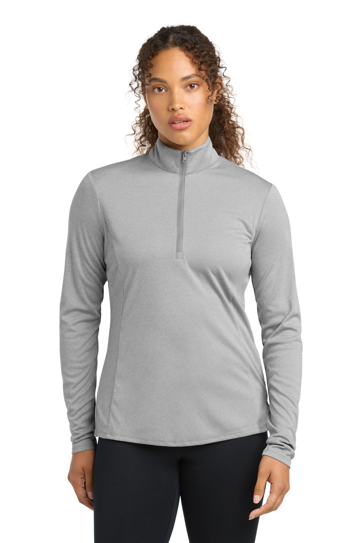 Front View of Lt Grey Hthr Sport-Tek Women's Endeavor 1/2-Zip Pullover. LST469 plain