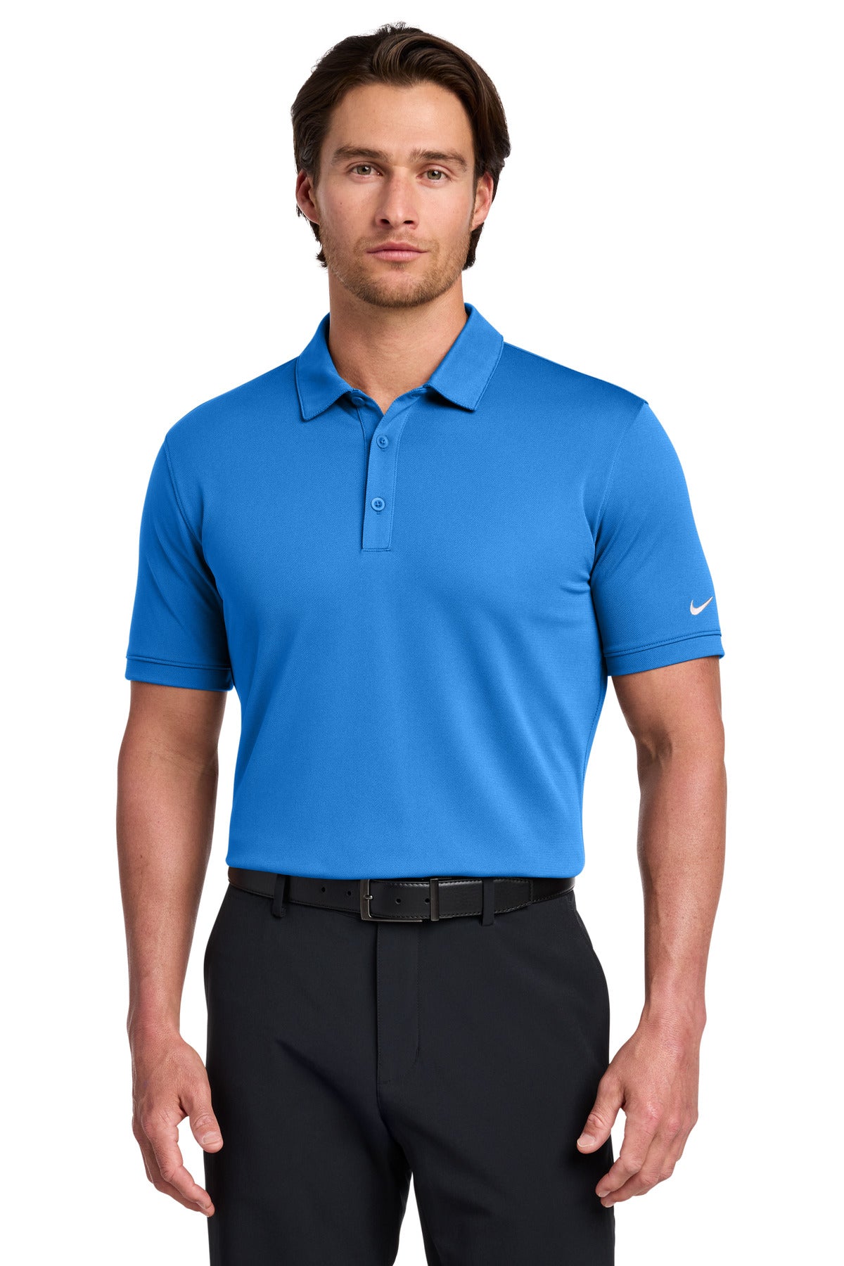 Front View of Lt Photo Blue Nike Dri-FIT Solid Icon Pique Modern Fit Polo. 746099 plain