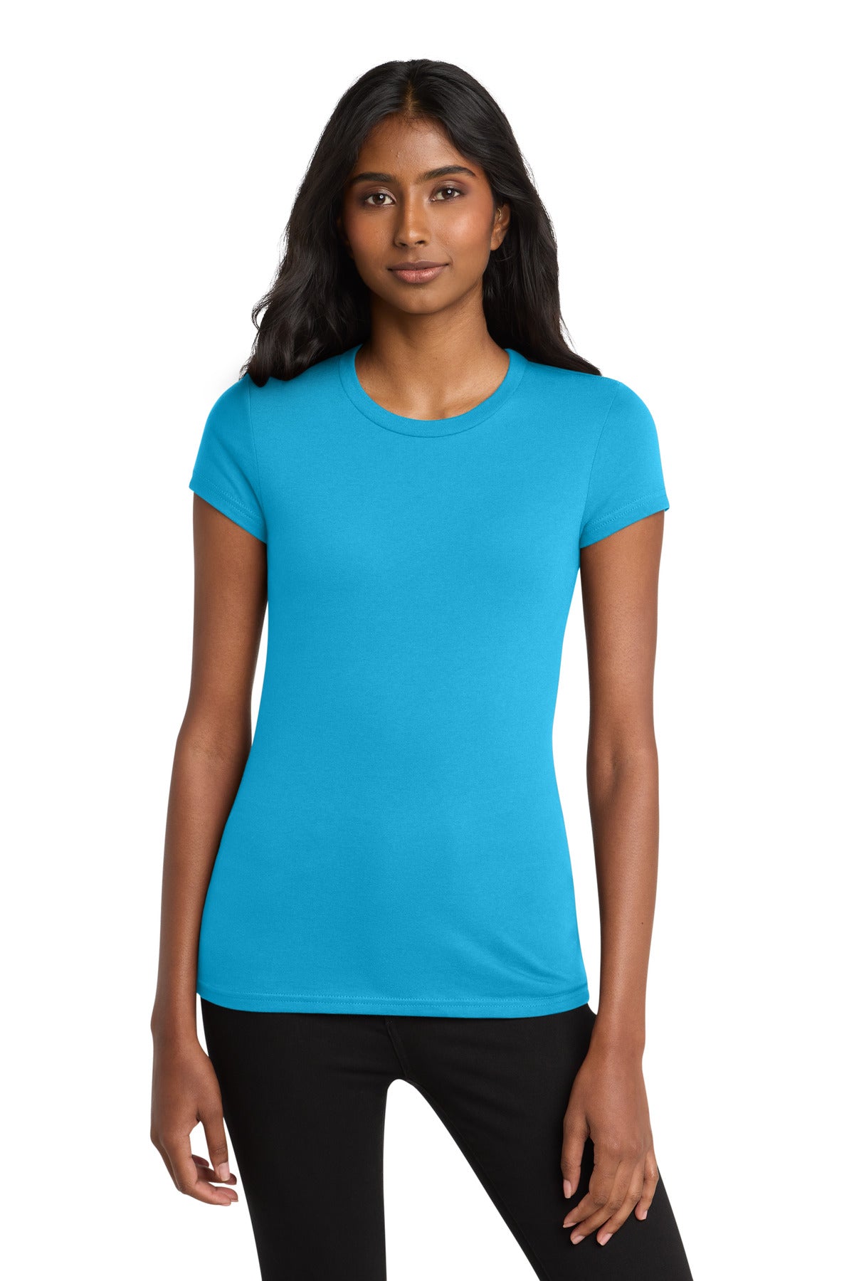 Front View of Lt Turquoise District Women's Fitted Very Important Tee . DT6001 plain