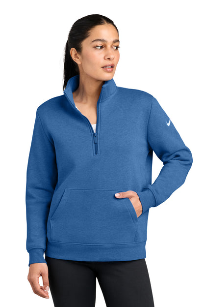 Front View of LtGameRyHt Nike Women's Club Fleece Sleeve Swoosh 1/2-Zip NKDX6720 plain