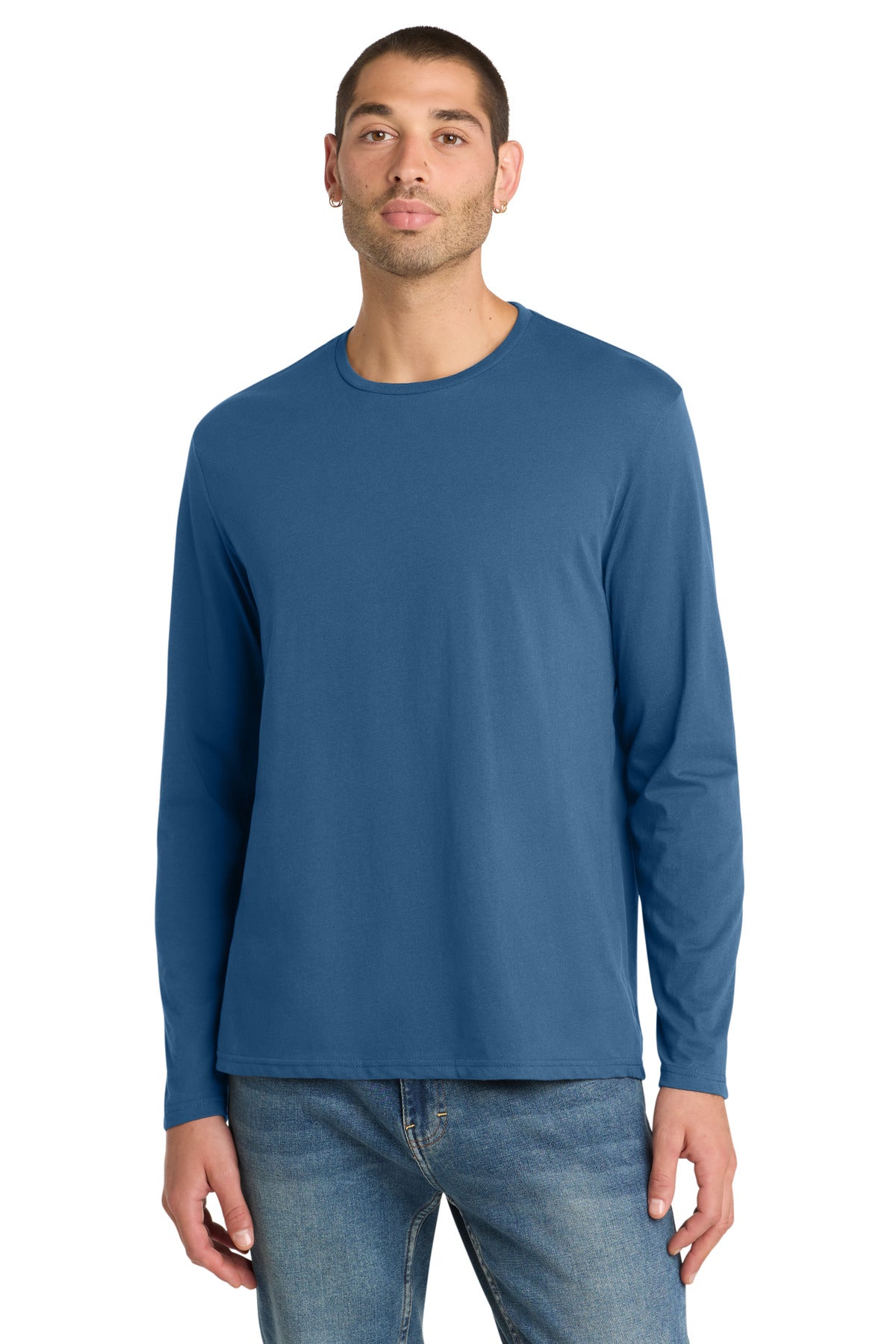 Front View of Maritime Blue District Perfect Weight Long Sleeve Tee. DT105 plain