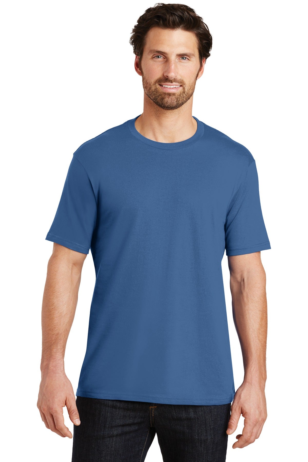 Front View of Maritime Blue District Perfect Weight Tee. DT104 plain