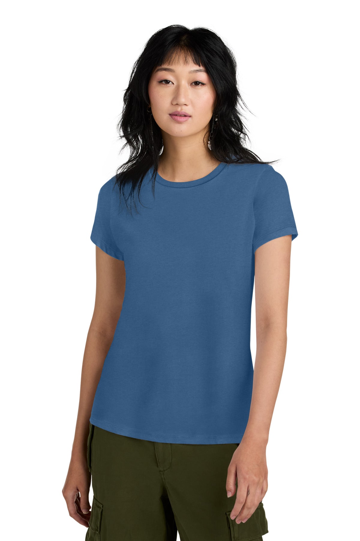 Front View of Maritime Blue District Women's Perfect Weight Tee. DM104L plain