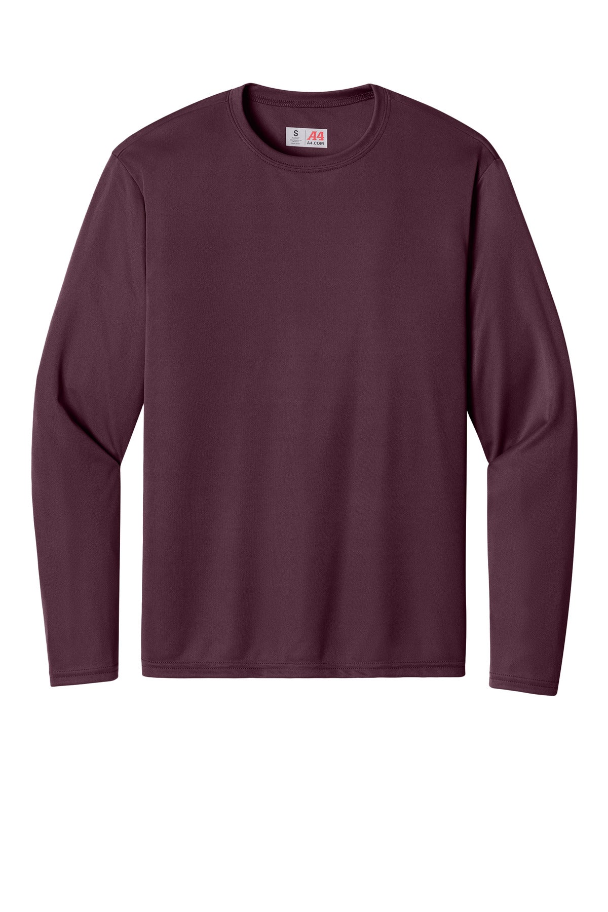 Front View of Maroon A4 Cooling Performance Long Sleeve Tee A4N3165 plain