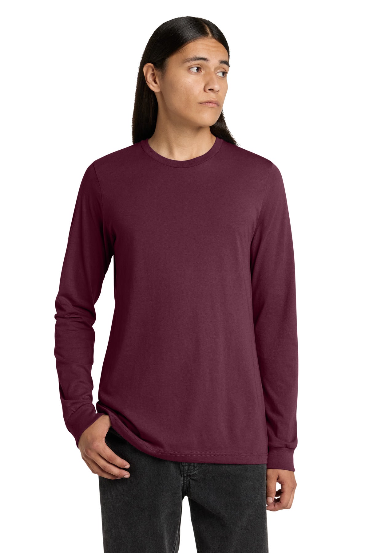 Front View of Maroon BELLA+CANVAS Unisex Jersey Long Sleeve Tee. BC3501 plain