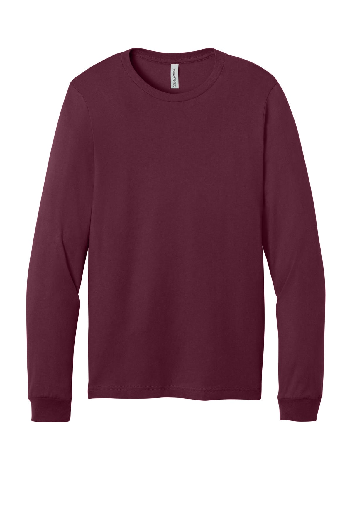Front View of Maroon BELLA+CANVAS Unisex Jersey Long Sleeve Tee. BC3501 plain