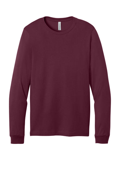 Front View of Maroon BELLA+CANVAS Unisex Jersey Long Sleeve Tee. BC3501 plain