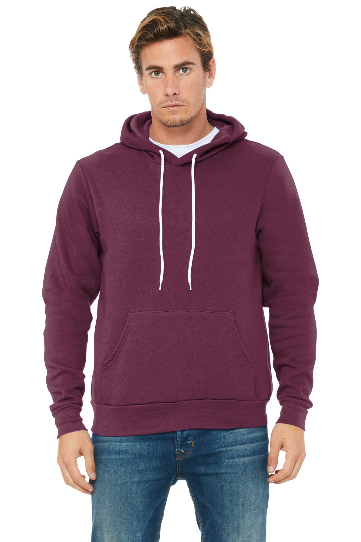 Front View of Maroon BELLA+CANVAS Unisex Sponge Fleece Pullover Hoodie. BC3719 plain