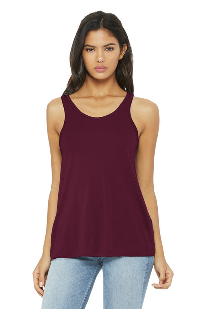 Front View of Maroon BELLA+CANVAS Women's Flowy Racerback Tank. BC8800 plain