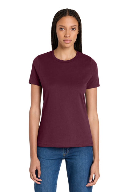 Front View of Maroon BELLA+CANVAS Women's Relaxed Jersey Short Sleeve Tee. BC6400 plain
