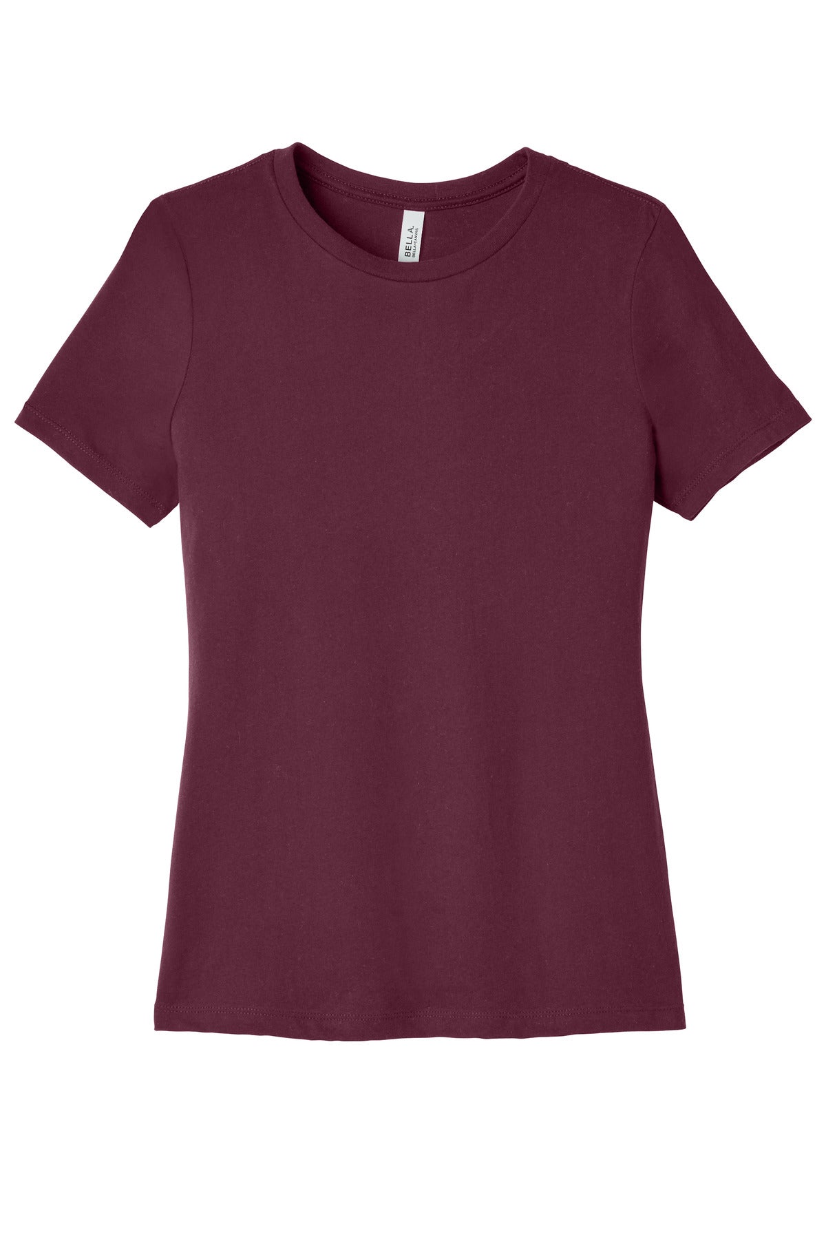 Front View of Maroon BELLA+CANVAS Women's Relaxed Jersey Short Sleeve Tee. BC6400 plain