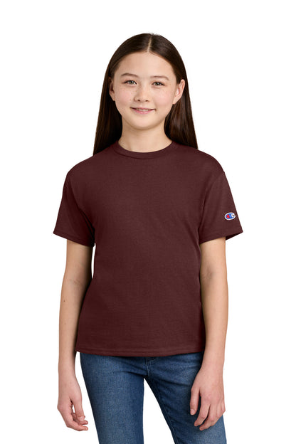 Front View of Maroon Champion Youth Jersey Short Sleeve Tee CH1081 plain