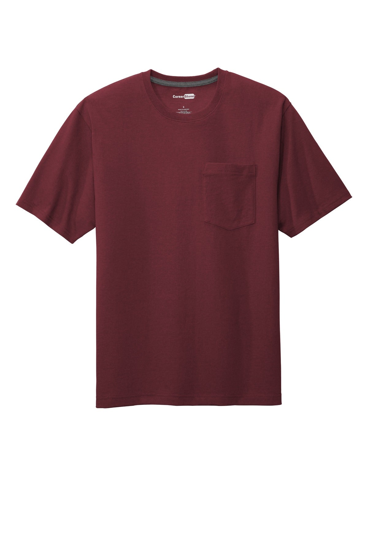 Front View of Maroon CornerStone Workwear Pocket Tee CS430 plain