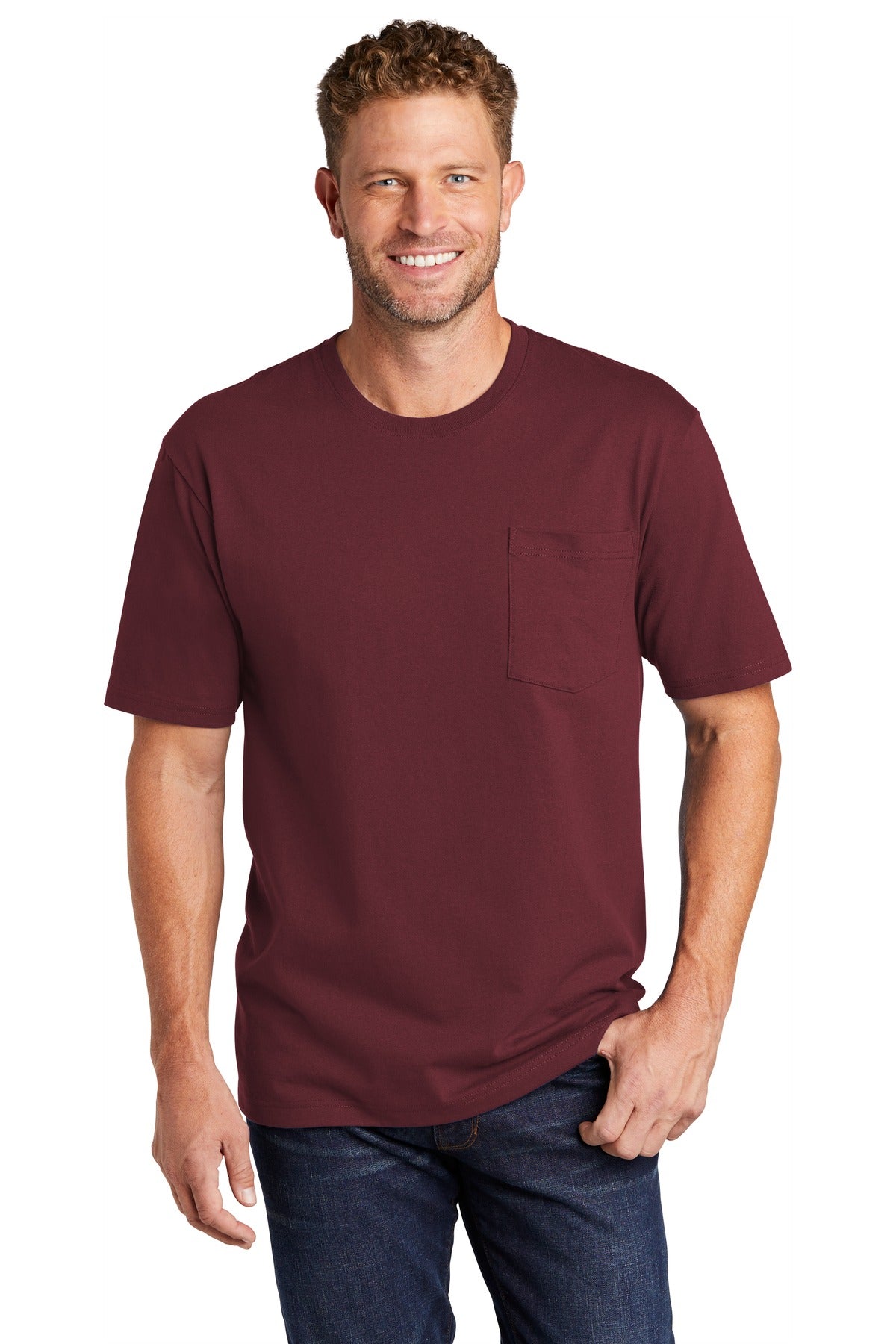 Front View of Maroon CornerStone Workwear Pocket Tee CS430 plain