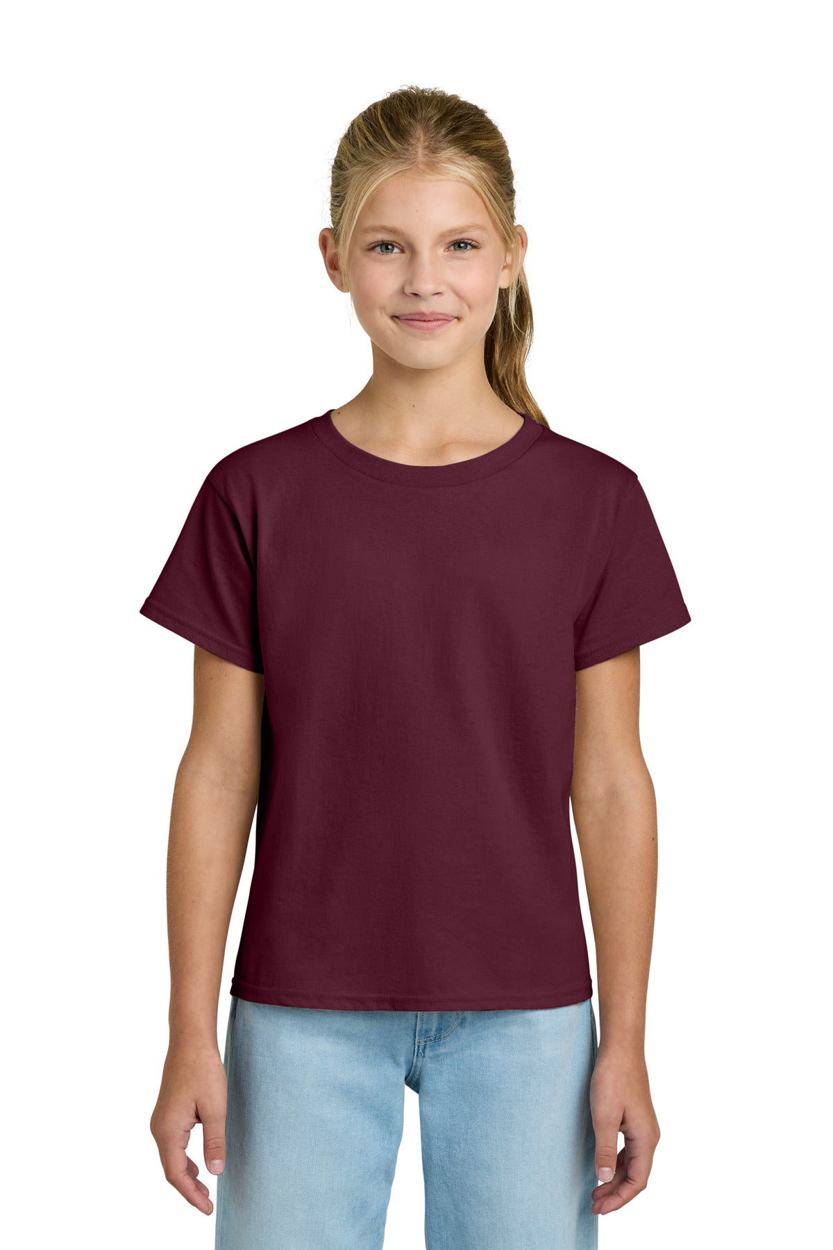 Front View of Maroon Gildan Youth Light Cotton Tee 3000B plain