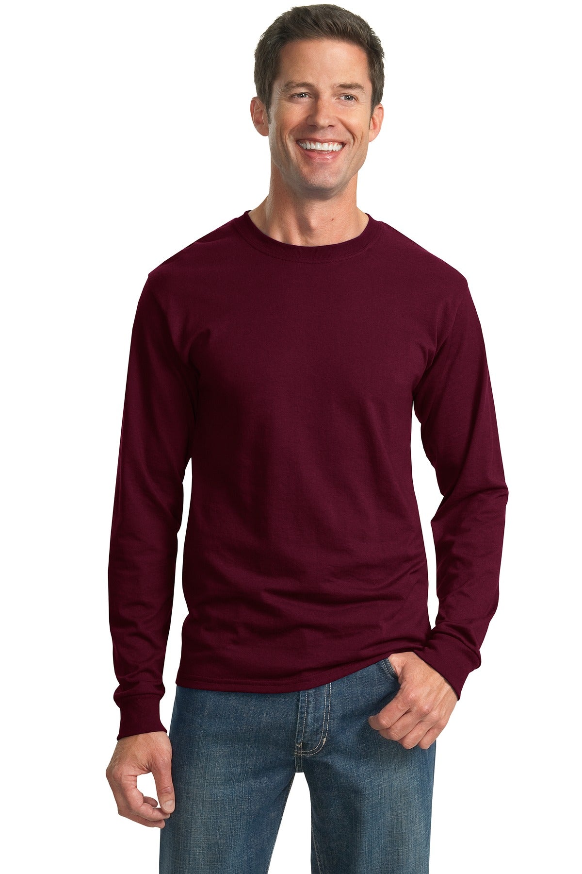 Front View of Maroon Jerzees - Dri-Power 50/50 Cotton/Poly Long Sleeve T-Shirt. 29LS plain