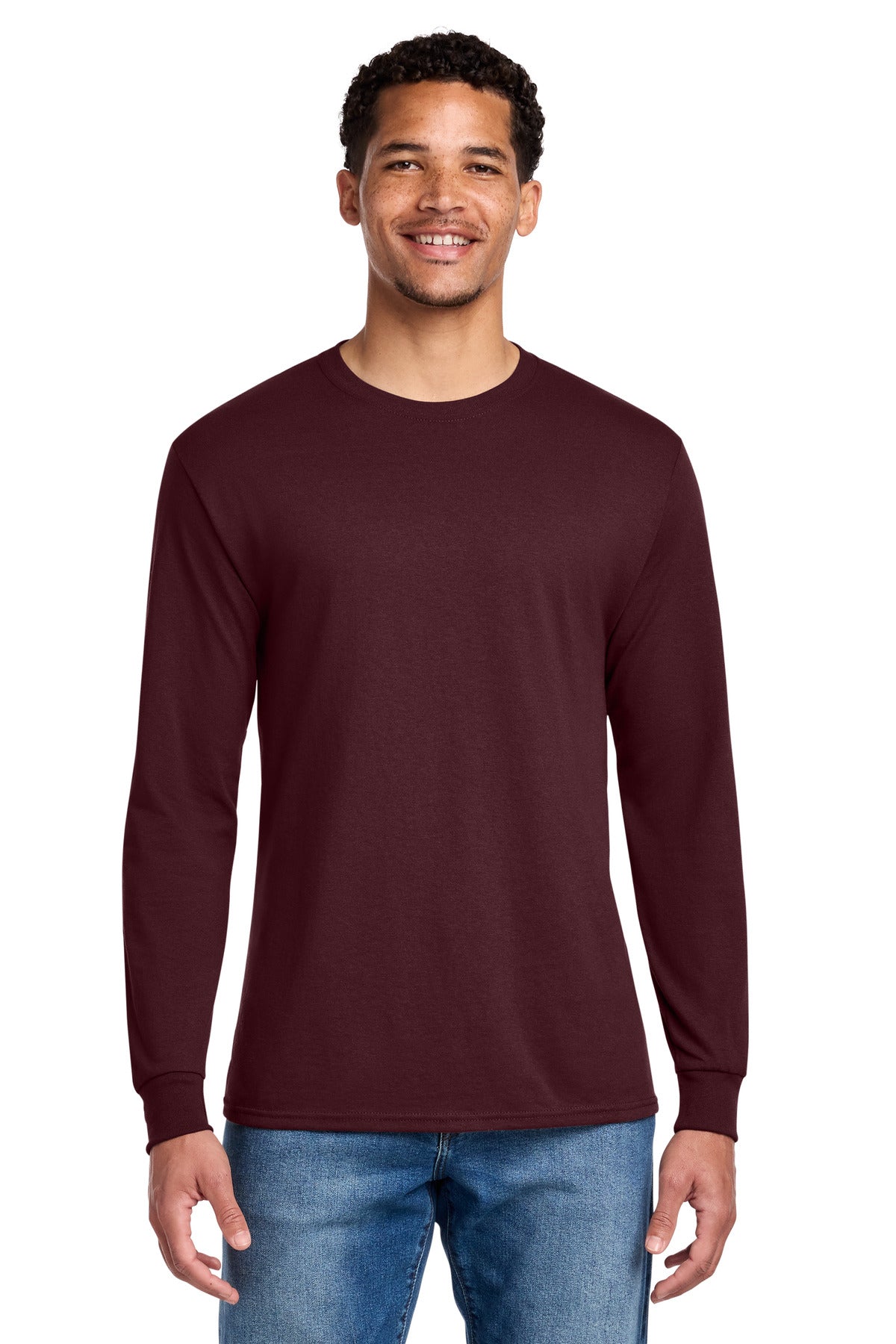 Front View of Maroon Jerzees - Dri-Power 50/50 Cotton/Poly Long Sleeve T-Shirt. 29LS plain